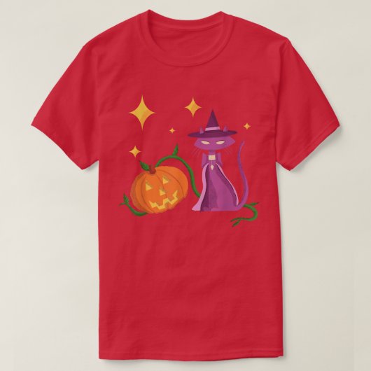 Spooky Cute Halloween Witch Cat and Pumpkin in Mid T-shirt (Design voorkant)