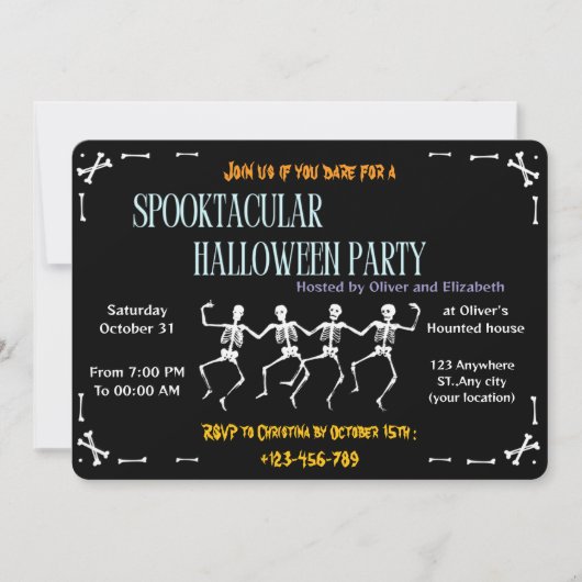 Spooky Dancing Skeleton Black Halloween Party Kaart (Voorkant)