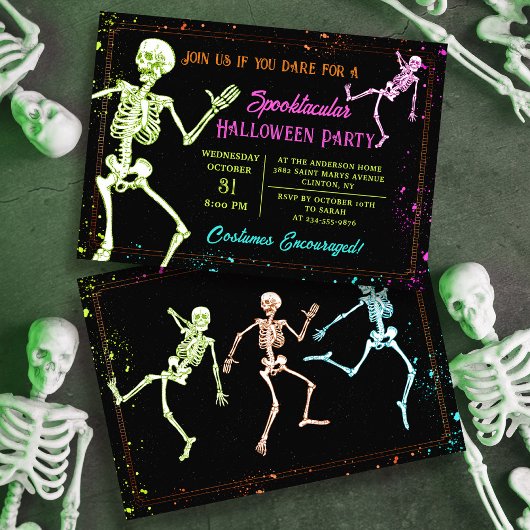 Spooky Dancing Skeleton Black Halloween Party Kaart