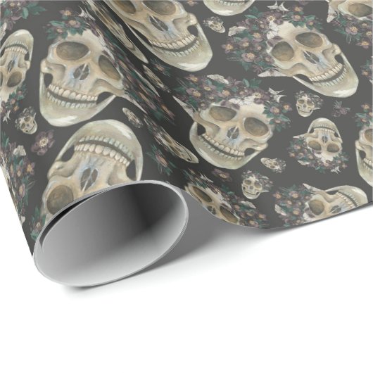 Spooky Dark Floral Skull Pattern Cadeaupapier (Rol Hoek)
