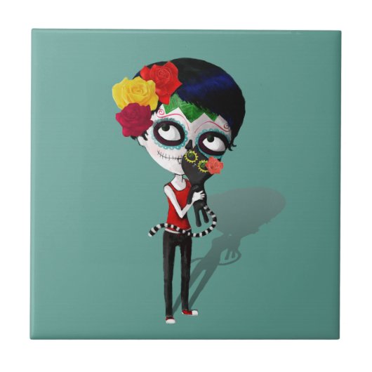 Spooky Dia de Los Muertos Girl Tegeltje (Voorkant)