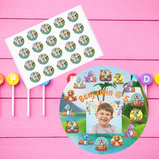 Spooky Dino Birthday Bash Custom Photo Party Ronde Sticker
