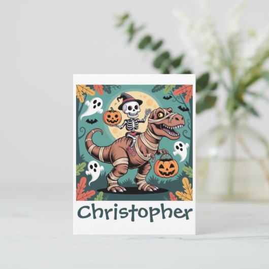 Spooky Dino Rider - Skeleton op Mummy T-Rex Briefkaart (Staand voorkant)