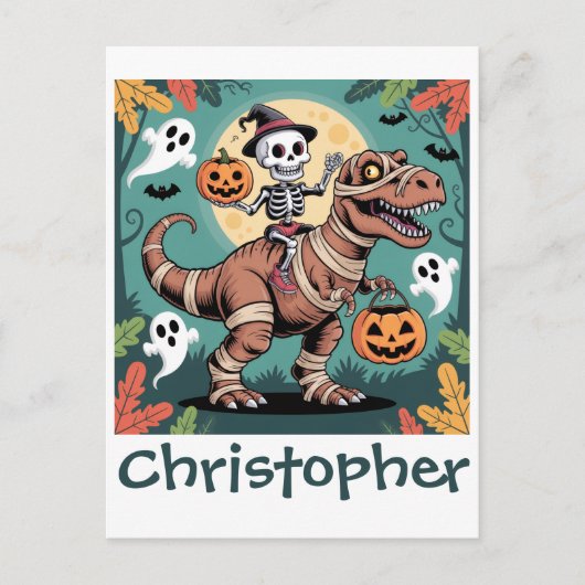Spooky Dino Rider - Skeleton op Mummy T-Rex Briefkaart (Voorkant)