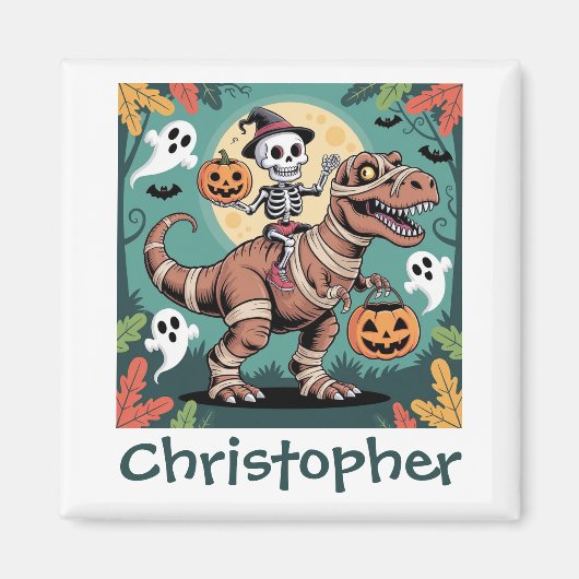 Spooky Dino Rider - Skeleton op Mummy T-Rex Magneet (Voorkant)