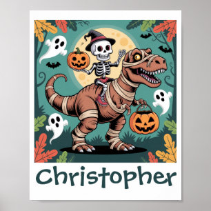 Spooky Dino Rider - Skeleton op Mummy T-Rex Poster