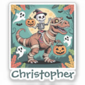 Spooky Dino Rider - Skeleton op Mummy T-Rex Sticker (Voorkant)