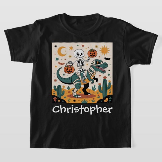 Spooky Dino Rider - Skeleton op Mummy T-Rex T-shirt (Laagn)