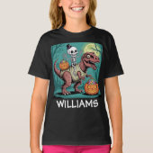 Spooky Dino Rider - Skeleton op Mummy T-Rex T-shirt (Voorkant)