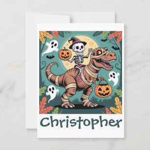 Spooky Dino Ruiter – Skelet op Mummie T-Rex  Briefkaart