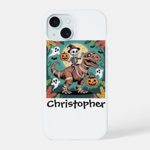 Spooky Dino Ruiter – Skelet op Mummie T-Rex iPhone 15 Case