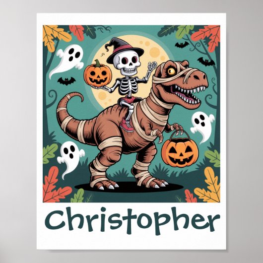 Spooky Dino Ruiter – Skelet op Mummie T-Rex  Poster (Voorkant)