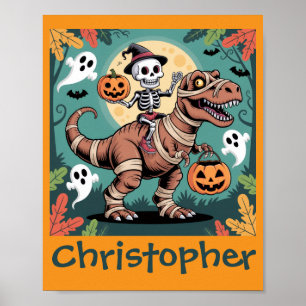 Spooky Dino Ruiter – Skelet op Mummie T-Rex Poster