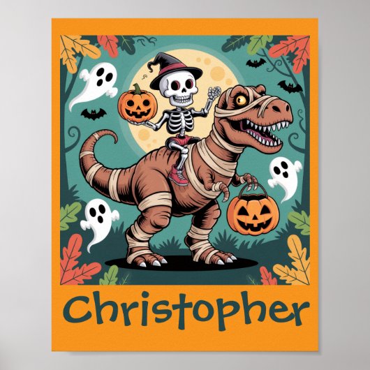 Spooky Dino Ruiter – Skelet op Mummie T-Rex Poster (Voorkant)