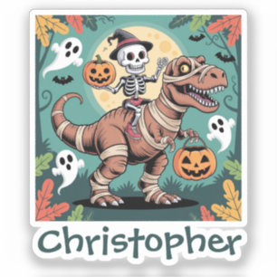 Spooky Dino Ruiter – Skelet op Mummie T-Rex Sticker