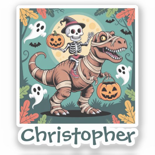 Spooky Dino Ruiter – Skelet op Mummie T-Rex Sticker (Voorkant)