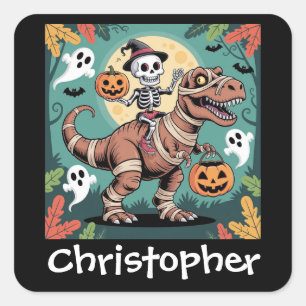 Spooky Dino Ruiter – Skelet op Mummie T-Rex Vierkante Sticker