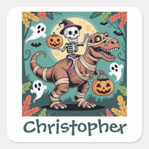 Spooky Dino Ruiter – Skelet op Mummie T-Rex  Vierkante Sticker