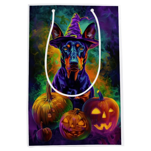 Spooky Doberman Hond Halloween Heks en Pompoen Medium Cadeauzakje (Voorkant)