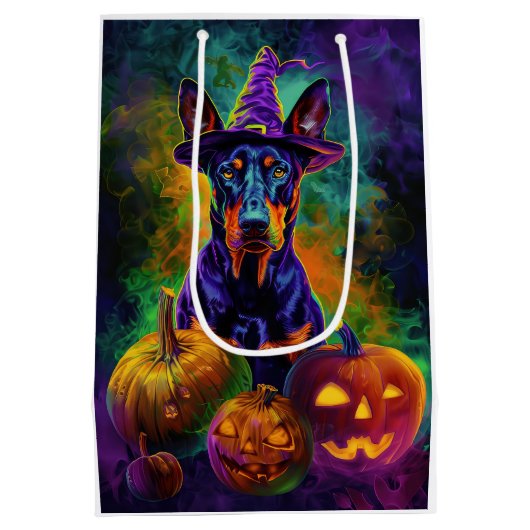 Spooky Doberman Hond Halloween Heks en Pompoen Medium Cadeauzakje (Achterkant)