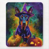 Spooky Doberman Hond Halloween Heks en Pompoen Muismat (Voorkant)