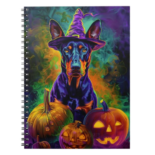 Spooky Doberman Hond Halloween Heks en Pompoen Notitieboek (Voorkant)