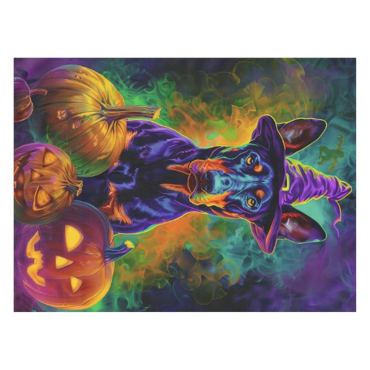 Spooky Doberman Hond Halloween Heks en Pompoen Tafelkleed (Voorkant (Horizontaal))