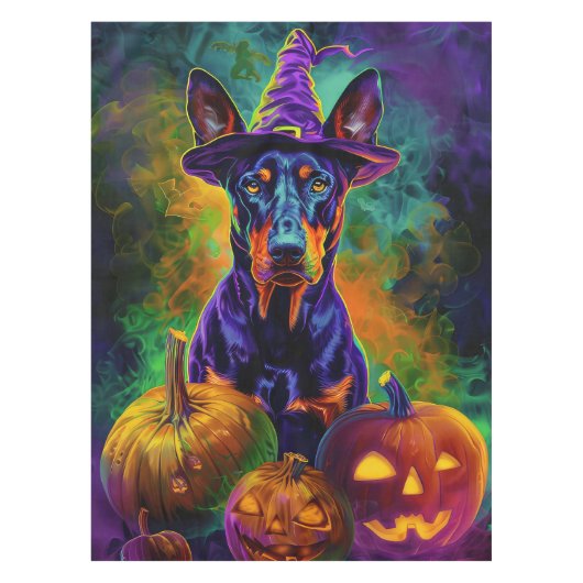 Spooky Doberman Hond Halloween Heks en Pompoen Tafelkleed (Voorkant)