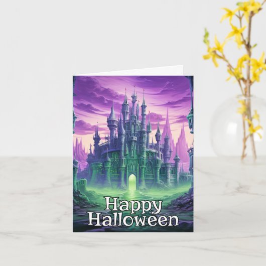 Spooky Dreadful Haunted House | Happy Halloween Kaart (Gele Bloem)