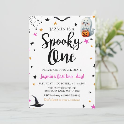 Spooky een eerste verjaardag Halloween uitnodiging (Staand voorkant)
