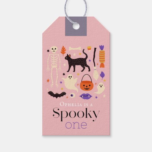 Spooky Een Halloween Motieven Roze 1e Verjaardag Cadeaulabel (Voorkant)