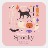 Spooky Een Halloween Motieven Roze 1e Verjaardag Vierkante Sticker (Voorkant)