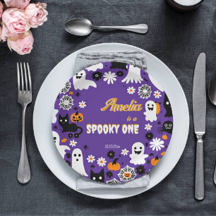 Spooky een Halloween verjaardag groovy retro madel Papieren Bordje