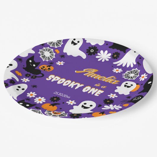 Spooky een Halloween verjaardag groovy retro madel Papieren Bordje (Gekanteld)