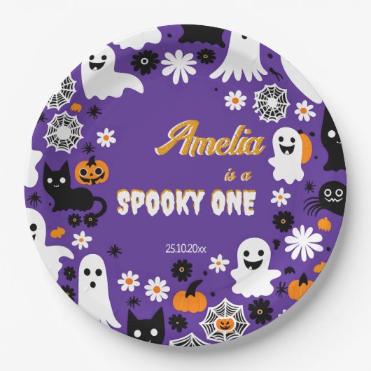 Spooky een Halloween verjaardag groovy retro madel Papieren Bordje (Voorkant)