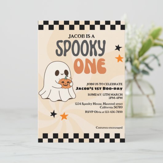 Spooky een leuke geest Retro jongen eerste verjaar Kaart (Staand voorkant)