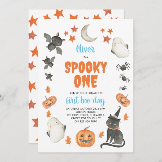 Spooky Een Leuke Halloween Jongen Blauw 1e Verjaar Kaart (Voorkant / Achterkant)