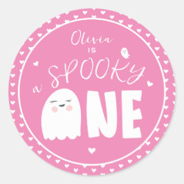 Spooky Een Meisjes Roze Spook Halloween 1e Verjaar Ronde Sticker
