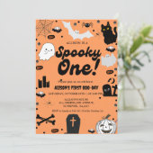 Spooky een retro grovy halloween meisje 1e verjaar kaart (Staand voorkant)