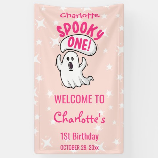 Spooky Een Schattig Roze Halloween Ghost 1e Verjaa Spandoek (Verticaal)