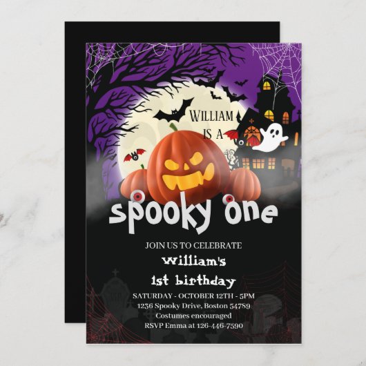 Spooky Een vleermuis Halloween pompoen 1e verjaard Kaart (Voorkant / Achterkant)