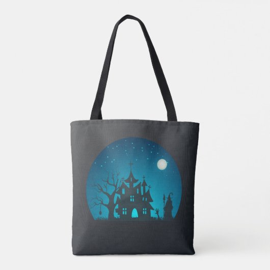 Spooky en Fun Blue en Black Haunted House Tote Bag (Achterkant)