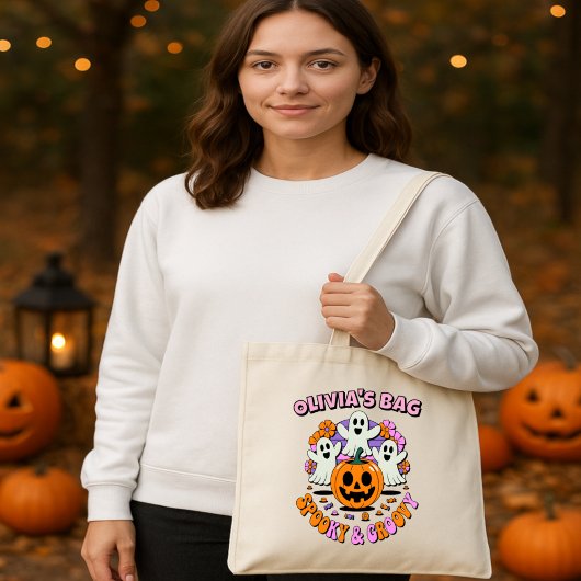 Spooky en Groovy gepersonaliseerd Halloween Snoep Tote Bag