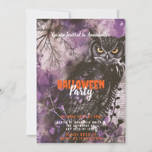 Spooky en mooie Uil Paarse Halloween Party Kaart (Voorkant)