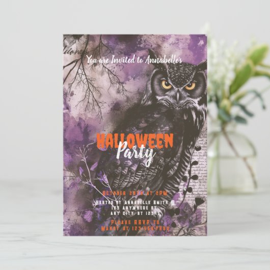 Spooky en mooie Uil Paarse Halloween Party Kaart (Staand voorkant)