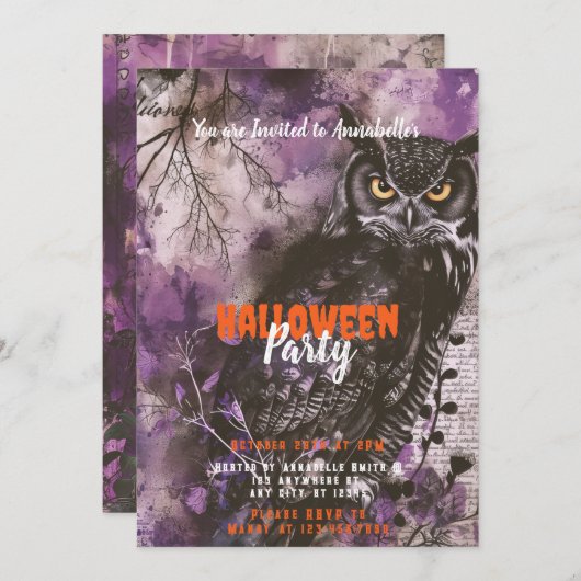 Spooky en mooie Uil Paarse Halloween Party Kaart (Voorkant / Achterkant)
