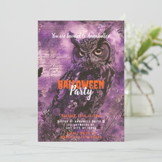 Spooky en mooie Uil Paarse Halloween Party Kaart (Staand voorkant)