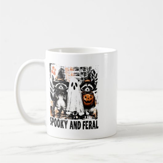 Spooky en wilde Halloween Schattigee Ghost Raccoon Koffiemok (Links)