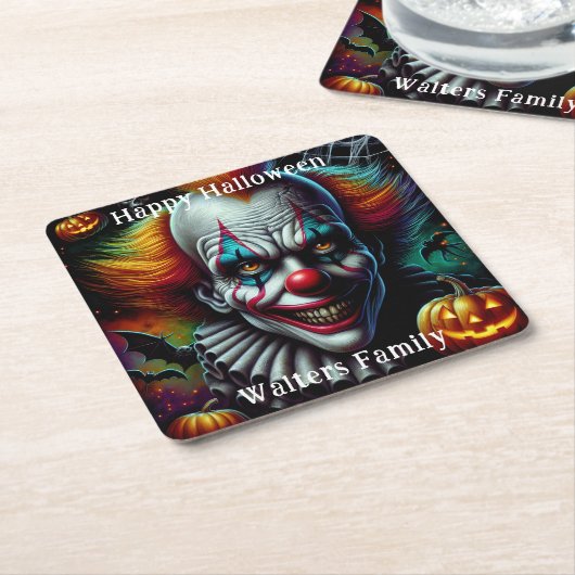Spooky Enge Clown Halloween Party Gepersonaliseerd Kartonnen Onderzetters (Schuin)