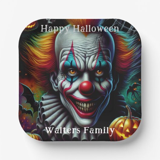 Spooky Enge Clown Halloween Party Gepersonaliseerd Papieren Bordje (Voorkant)
